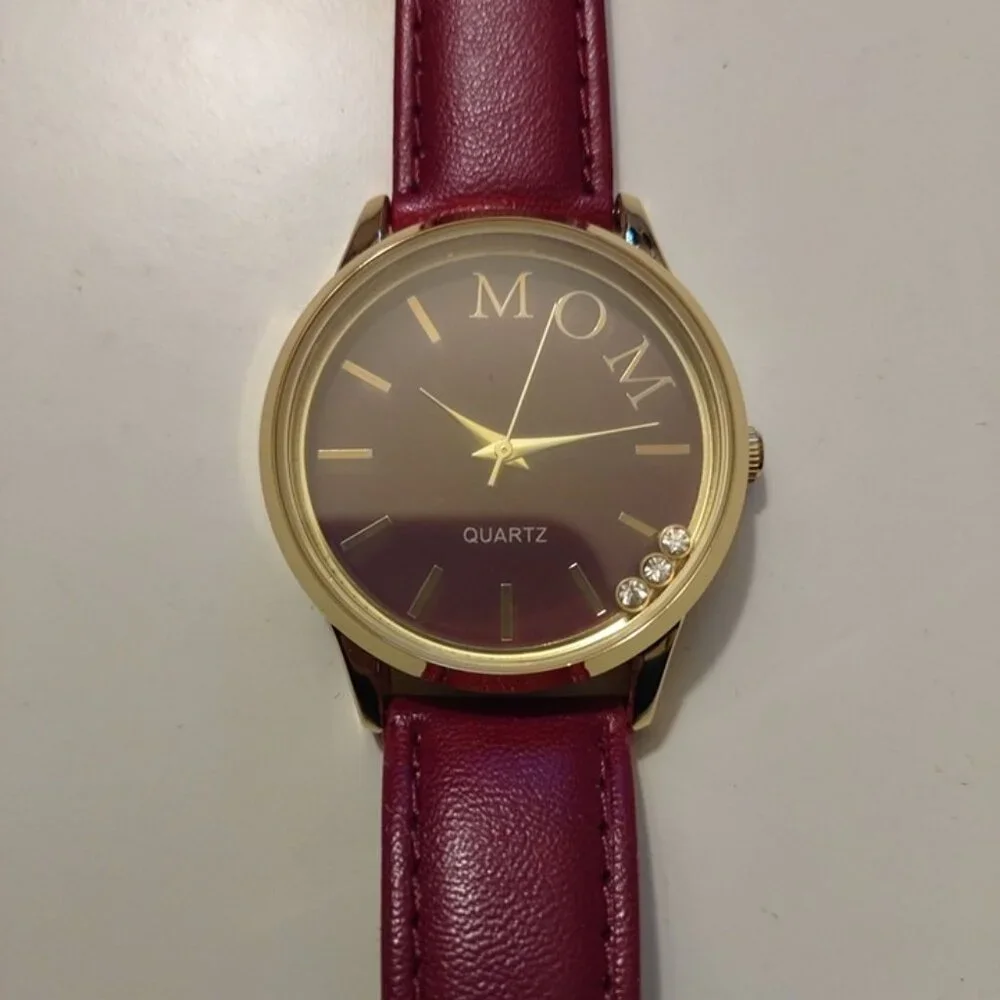 Avon Sentimental Strap Watch For Mom With Burgundy Faux Leather Band & Gold-Tone